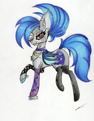 Size: 2403x3101 | Tagged: safe, artist:luxiwind, oc, oc only, oc:navy, bat pony, pony, bandage, bat pony oc, bat wings, clothes, cute, female, high res, mare, ponytail, red eyes, scar, socks, solo, stockings, thigh highs, traditional art, wings