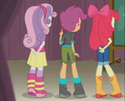 Size: 1000x804 | Tagged: safe, screencap, apple bloom, scootaloo, sweetie belle, equestria girls, g4, happily ever after party, happily ever after party: rainbow dash, my little pony equestria girls: better together, animated, apple bloom's bow, arm behind back, ass, boots, bow, butt, chalkboard, clothes, cropped, curtains, cutie mark crusaders, female, gif, hair bow, hoodie, jacket, jeans, pants, shirt, shoes, shorts, skirt, sneaking