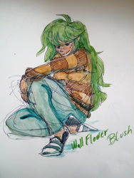 Size: 3120x4160 | Tagged: safe, artist:elisdoominika, wallflower blush, human, equestria girls, g4, clothes, female, green hair, human coloration, jeans, pants, sitting, smiling, solo, sweater, traditional art, watercolor painting