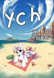 Size: 661x952 | Tagged: safe, artist:hitbass, oc, oc only, bat pony, earth pony, kirin, pegasus, pony, unicorn, zebra, beach, commission, solo, ych example, your character here