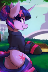 Size: 1000x1500 | Tagged: safe, artist:shadowreindeer, twilight sparkle, pony, unicorn, g4, alternate hairstyle, book, butt, canterlot, clothes, cute, cutie mark, cutie mark accessory, cutie mark hair accessory, dock, female, fifty shades of grey, grass, hair bun, hairclip, looking at you, looking back, looking back at you, mare, outdoors, plot, prone, smiling, socks, solo, striped socks, sweater, tree, twiabetes, twibutt, unicorn twilight