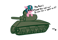 Size: 1069x735 | Tagged: safe, artist:neuro, oc, oc only, oc:lily glamerspear, pony, unicorn, fanfic:everyday life with guardsmares, everyday life with guardsmares, female, guardsmare, m4 sherman, mare, royal guard, simple background, tank (vehicle)