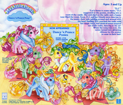 Size: 800x685 | Tagged: safe, photographer:breyer600, d.j. (g1), player, songster, swinger, tap dancer, twirler, bird, duck, earth pony, pegasus, pony, unicorn, g1, official, backcard, backcard story, blushing, boa, bow, bowtie, cane, dance 'n prance pony, dance n' prance pony, dancing, female, hair bow, hat, mare, my little pony logo, scan, sign, stage, story, tail bow, top hat