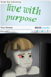 Size: 480x731 | Tagged: safe, artist:anonymous, mudbriar, earth pony, pony, g4, /mlp/, 4chan, bloodshot eyes, captcha, computer, crying, drawthread, ponified, solo