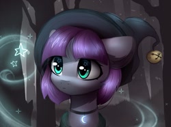 Size: 1800x1337 | Tagged: safe, artist:radioaxi, maud pie, earth pony, pony, g4, bust, cute, female, forest, hat, heart eyes, jewelry, magic, maudabetes, necklace, portrait, scenery, solo, starry eyes, stars, tree, weapons-grade cute, wingding eyes, witch hat