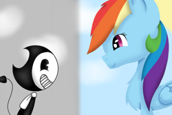 Size: 1500x1000 | Tagged: safe, artist:asiandra dash, rainbow dash, pegasus, pony, g4, bendy, bendy and the ink machine, bendydash, chest fluff, cloud, grayscale, happy, monochrome, smiling, split screen, sun
