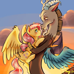 Size: 2048x2048 | Tagged: safe, artist:troublesomeowo, discord, fluttershy, draconequus, pegasus, pony, g4, blushing, cloud, cute, discute, eye contact, female, high res, holding, holding a pony, hug, looking at each other, male, mare, outdoors, profile, ship:discoshy, shipping, shyabetes, sky, smiling, spread wings, straight, sunset, wings
