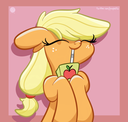 Size: 2693x2560 | Tagged: dead source, safe, artist:php142, applejack, earth pony, pony, g4, apple juice, cute, drink, drinking, female, floppy ears, hatless, high res, hooves to the chest, jackabetes, juice, juice box, mare, missing accessory, solo, straw