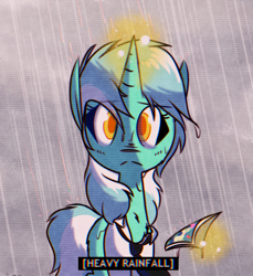 Size: 1100x1200 | Tagged: safe, artist:provolonepone, bon bon, lyra heartstrings, sweetie drops, pony, unicorn, g4, chromatic aberration, clothes, colored pupils, female, implied lesbian, implied lyrabon, implied shipping, looking at you, magic, photo, rain, solo, telekinesis