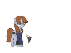Size: 692x519 | Tagged: safe, artist:provolonepone, oc, oc only, oc:littlepip, pony, unicorn, fallout equestria, animated, clothes, fanfic, fanfic art, female, gun, handgun, hooves, horn, jumpsuit, levitation, little macintosh, magic, mare, optical sight, pipbuck, revolver, simple background, solo, telekinesis, vault suit, weapon, white background