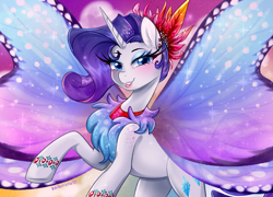 Size: 2771x2000 | Tagged: safe, artist:kaikururu, rarity, pony, unicorn, g4, sonic rainboom (episode), blushing, butterfly wings, cute, ear piercing, eyeshadow, female, glimmer wings, high res, looking at you, makeup, mare, outfit, piercing, raised hoof, raribetes, solo, wings