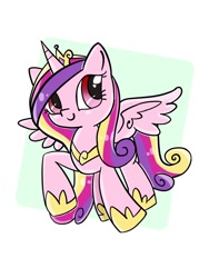 Size: 768x1024 | Tagged: safe, artist:tomizawa96, princess cadance, alicorn, pony, g4, abstract background, crown, cute, cutedance, female, jewelry, mare, raised hoof, regalia, smiling, solo, spread wings, wings