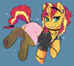 Size: 1024x919 | Tagged: safe, artist:belovedfoxx, artist:skyeskyekitty, sunset shimmer, pony, unicorn, g4, alternate hairstyle, blue background, bracelet, choker, clothes, colored pupils, cute, ear piercing, female, hairband, jewelry, mare, necklace, piercing, shimmerbetes, simple background, smiling, socks, solo, tights
