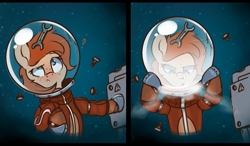 Size: 1894x1105 | Tagged: safe, artist:rexyseven, oc, oc only, oc:rusty gears, earth pony, pony, astronaut, female, freckles, heterochromia, imminent death, kerbal space program, looking up, mare, no pupils, screw, scrunchy face, solo, space, spacesuit, this will end in death, this will end in tears, this will end in tears and/or death, too dumb to live, vacuum, wrench