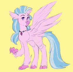 Size: 953x934 | Tagged: safe, artist:taikochann, silverstream, classical hippogriff, hippogriff, g4, cute, diastreamies, female, jewelry, looking at you, necklace, no pupils, raised leg, simple background, smiling, solo, spread wings, talons, wings, yellow background