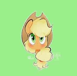 Size: 480x471 | Tagged: safe, artist:latiatonta, applejack, earth pony, pony, g4, blushing, bust, cowboy hat, cute, eye clipping through hair, female, green background, hat, jackabetes, mare, portrait, simple background, solo