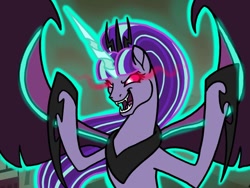 Size: 1032x774 | Tagged: safe, artist:melspyrose, starlight glimmer, alicorn, demon, pony, g4, alicornified, clothes, evil, evil grin, fangs, female, glowing horn, grin, horn, jewelry, looking at you, mare, necklace, open mouth, open smile, race swap, s5 starlight, shoes, smiling, smiling at you, solo, sombra eyes, starlicorn, this will end in communism, xk-class end-of-the-world scenario