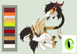 Size: 800x567 | Tagged: safe, artist:glitterring, oc, oc only, cow plant pony, monster pony, original species, plant pony, augmented tail, bat wings, deviantart watermark, fangs, female, hoof fluff, hoof polish, horn, obtrusive watermark, plant, reference sheet, simple background, slit pupils, tongue out, watermark, wings
