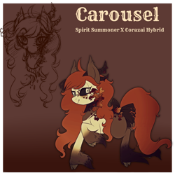 Size: 800x800 | Tagged: safe, artist:glitterring, oc, oc only, oc:carousel, demon, demon pony, original species, bow, bust, cloven hooves, duo, female, freckles, hoof fluff, horn, mare, raised hoof, reference sheet, smiling, tail bow