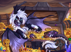 Size: 2344x1722 | Tagged: safe, artist:magicbalance, oc, oc only, dracony, dragon, hybrid, pony, rcf community, chest, commission, crown, dragon wings, gold, jewelry, male, regalia, solo, spread wings, treasure, wings, ych result