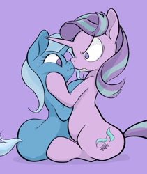 Size: 1726x2048 | Tagged: safe, artist:noupu, starlight glimmer, trixie, pony, unicorn, g4, angry, boop, eye contact, female, glare, looking at each other, mare, noseboop, sitting, squishy cheeks