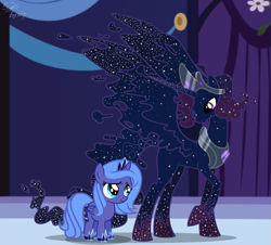 Size: 1713x1550 | Tagged: safe, artist:whiteplumage白羽, princess luna, oc, oc:cosmos, oc:king cosmos, alicorn, pony, g4, base used, celestia and luna's father, concave belly, duo, father and child, father and daughter, female, filly, hoof shoes, jewelry, male, s1 luna, slender, thin, tiara, woona, younger