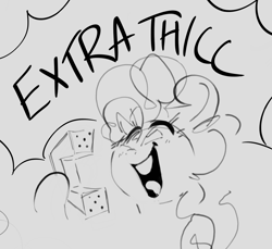 Size: 1473x1347 | Tagged: safe, artist:hattsy, pinkie pie, earth pony, pony, g4, dialogue, extra thicc, female, hoof hold, monochrome, open mouth, phone, solo