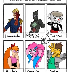 Size: 1080x1080 | Tagged: safe, artist:axltheblue, pinkie pie, human, equestria girls, g4, arm behind head, blossom (powerpuff girls), clothes, crossover, cuphead, cuphead (character), female, homelander, jojo pose, jojo reference, male, signature, six fanarts, smiling, the boys, the powerpuff girls