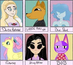 Size: 1080x969 | Tagged: safe, artist:naked.squid, fluttershy, cat, dog, fox, gem (race), human, pegasus, pony, anthro, g4, alternate hairstyle, animal crossing, anthro with ponies, barbie, blue pearl (pearl), blue pearl (steven universe), bob, clothes, crossover, female, gem, gregg lee, male, mare, night in the woods, pearl, rapunzel, six fanarts, smiling, steven universe, tangled (disney), tangled: the series