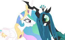 Size: 1680x1050 | Tagged: source needed, safe, edit, edited screencap, screencap, princess celestia, queen chrysalis, alicorn, changeling, changeling queen, pony, a canterlot wedding, g4, angry, background removed, female, fight, looking at each other, not a vector, simple background, transparent background, vs