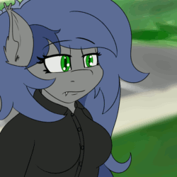 Size: 1000x1000 | Tagged: safe, artist:eclipsepenumbra, artist:eclipsethebat, oc, oc only, oc:eclipse penumbra, bat pony, anthro, animated, bat pony oc, bat wings, blinking, fading, female, green eyes, mare, meme, my homie jerome, nail polish, peace, ponified meme, wings