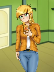 Size: 764x1024 | Tagged: safe, artist:focusb, edit, editor:thomasfan45, applejack, human, equestria girls, g4, bedroom, belt, blonde hair, cellphone, clothes, cute, door, female, human coloration, jacket, jeans, looking at you, pants, phone, selfie, sexy, shirt, solo
