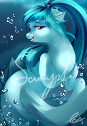 Size: 2708x3937 | Tagged: safe, artist:haidiannotes, sonata dusk, hybrid, seapony (g4), siren, g4, bubble, crepuscular rays, cute, digital art, dorsal fin, fangs, female, fin, fins, floppy ears, flowing mane, high res, looking at you, ocean, open mouth, open smile, profile, scales, seaponified, signature, smiling, smiling at you, solo, sonatabetes, species swap, sunlight, swimming, teeth, underwater, water
