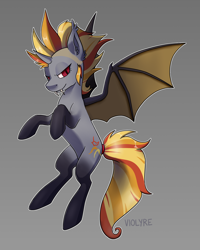 Size: 2000x2500 | Tagged: safe, artist:violyre, oc, oc only, oc:luminous dunes, alicorn, bat pony, bat pony alicorn, pony, alicorn oc, bat wings, burning mare, fangs, gray background, high res, horn, looking at you, simple background, solo, wings