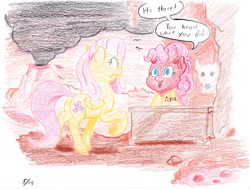 Size: 2383x1798 | Tagged: safe, artist:lost marbles, fluttershy, pinkie pie, devil, g4, clothes, colored pencil drawing, devil horns, heck, hell, lava, shirt, traditional art, volcano, your pretty face is going to hell