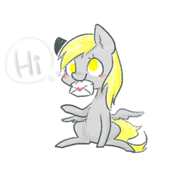Size: 650x650 | Tagged: safe, artist:shining-dog, derpy hooves, pegasus, pony, g4, blushing, cute, derpabetes, dialogue, female, letter, mare, mouth hold, no pupils, simple background, sitting, solo, speech bubble, white background
