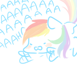Size: 550x550 | Tagged: safe, artist:shining-dog, rainbow dash, pegasus, pony, g4, aaaaaaaaaa, blushing, cute, dashabetes, female, motion lines, open mouth, partial color, prone, simple background, solo, white background