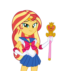Size: 6008x7000 | Tagged: safe, artist:emeraldblast63, sunset shimmer, equestria girls, g4, clothes, clothes swap, cosplay, costume, crescent moon, female, jewelry, looking at you, magical girl, moon, ribbon, sailor moon (series), simple background, skirt, smiling, solo, tiara, transparent background, wand