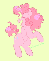 Size: 584x720 | Tagged: safe, artist:dongoverlord, pinkie pie, earth pony, pony, g4, cute, diapinkes, eyes closed, female, mare, open mouth, profile, simple background, solo, yellow background