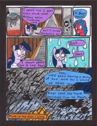 Size: 2512x3272 | Tagged: safe, artist:oatmeal155, twilight sparkle, oc, oc:crimson maroon, pony, spider, unicorn, comic:oat.meal, g4, blushing, comic, dialogue, ever emerald manor, high res, horn, rain, stairs, sweat, sweatdrop, traditional art, unicorn oc, unicorn twilight