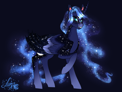 Size: 1886x1432 | Tagged: safe, artist:djspark3, princess luna, alicorn, pony, g4, blue background, curved horn, ethereal mane, fangs, female, galaxy mane, galaxy tail, horn, hybrid wings, mare, redesign, simple background, slit pupils, smiling, solo, wings