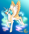 Size: 1546x1840 | Tagged: safe, artist:djspark3, princess celestia, alicorn, pony, g4, blaze (coat marking), blue background, coat markings, colored wings, ethereal mane, ethereal tail, facial markings, female, galloping, hair over one eye, mare, multicolored wings, redesign, simple background, smiling, solo, star (coat marking), wings