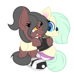 Size: 1800x1800 | Tagged: safe, artist:ponkus, oc, oc:arrell, oc:ashy night, bat pony, earth pony, pony, :p, cute, fangs, female, hug, mare, one eye closed, simple background, slit pupils, tongue out, transparent background, wink