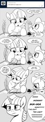 Size: 960x2570 | Tagged: safe, artist:mamatwilightsparkle, spike, twilight sparkle, dragon, pony, unicorn, tumblr:mama twilight sparkle, g4, annoyed, annoying, baby, baby spike, begging, book, bottle, comic, demanding, dialogue, diaper, family guy, implied twilight velvet, ink, male, mama twilight, monochrome, persistent, quill, reference, sweat, tumblr, younger