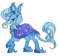 Size: 1362x1301 | Tagged: safe, artist:rockin_candies, trixie, pony, unicorn, g4, alternate design, cape, clothes, curved horn, ear tufts, female, horn, leonine tail, open mouth, raised hoof, simple background, smiling, solo, trixie's cape, unshorn fetlocks, white background