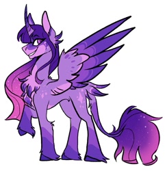 Size: 963x1000 | Tagged: safe, artist:rockin_candies, twilight sparkle, alicorn, pony, g4, alternate design, butt feathers, chest fluff, curved horn, female, horn, leonine tail, raised hoof, simple background, smiling, solo, spread wings, twilight sparkle (alicorn), unshorn fetlocks, white background, wings