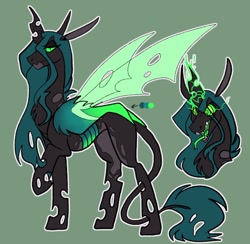 Size: 1000x975 | Tagged: safe, artist:rockin_candies, queen chrysalis, changeling, changeling queen, g4, alternate design, big ears, fangs, female, forked tongue, glowing, glowing eyes, glowing horn, horn, leonine tail, magic, open mouth, redesign, reference sheet, simple background, slit pupils, solo, spread wings, swirly eyes, teeth, tongue out, wings