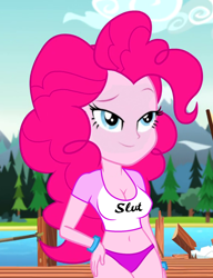 Size: 830x1080 | Tagged: safe, edit, edited edit, edited screencap, editor:ah96, editor:blackmetal527, screencap, pinkie pie, human, equestria girls, g4, my little pony equestria girls: legend of everfree, belly button, breasts, busty pinkie pie, cleavage, clothes, cropped, female, humanized, panties, pier, pinkie slut, public, shirt, short shirt, slut, slut shirt, solo, underwear, underwear edit, water