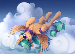 Size: 3500x2500 | Tagged: safe, artist:mithriss, oc, oc only, oc:summer ray, pegasus, pony, :p, chest fluff, cloud, female, high res, lying down, lying on a cloud, mare, on a cloud, on back, ribbon, solo, tongue out