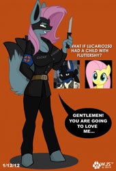 Size: 871x1280 | Tagged: safe, artist:wolfjedisamuel, fluttershy, oc, oc only, oc:luciashy, anthro, unguligrade anthro, breasts, digital art, female, knife, solo, speech bubble, spy, spy (tf2), tail, team fortress 2, text